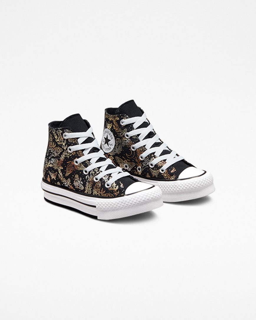 Topanky Na Platforme Converse Chuck Taylor All Star EVA Lift Butterfly Shine Vysoke Dievcenske Čierne Zlate Biele | SK BOQNR9